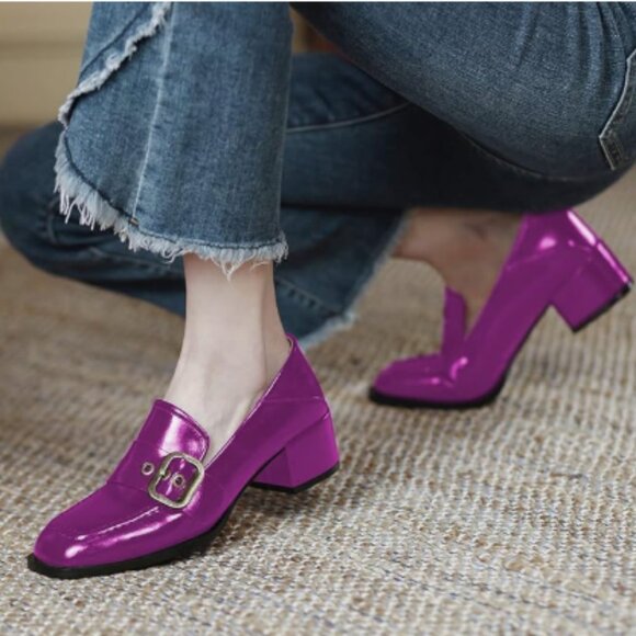 YDN Purple Square Toe Loafers Slip on Block Low Heel Pumps Buckle Fashion Shoes - Picture 8 of 9